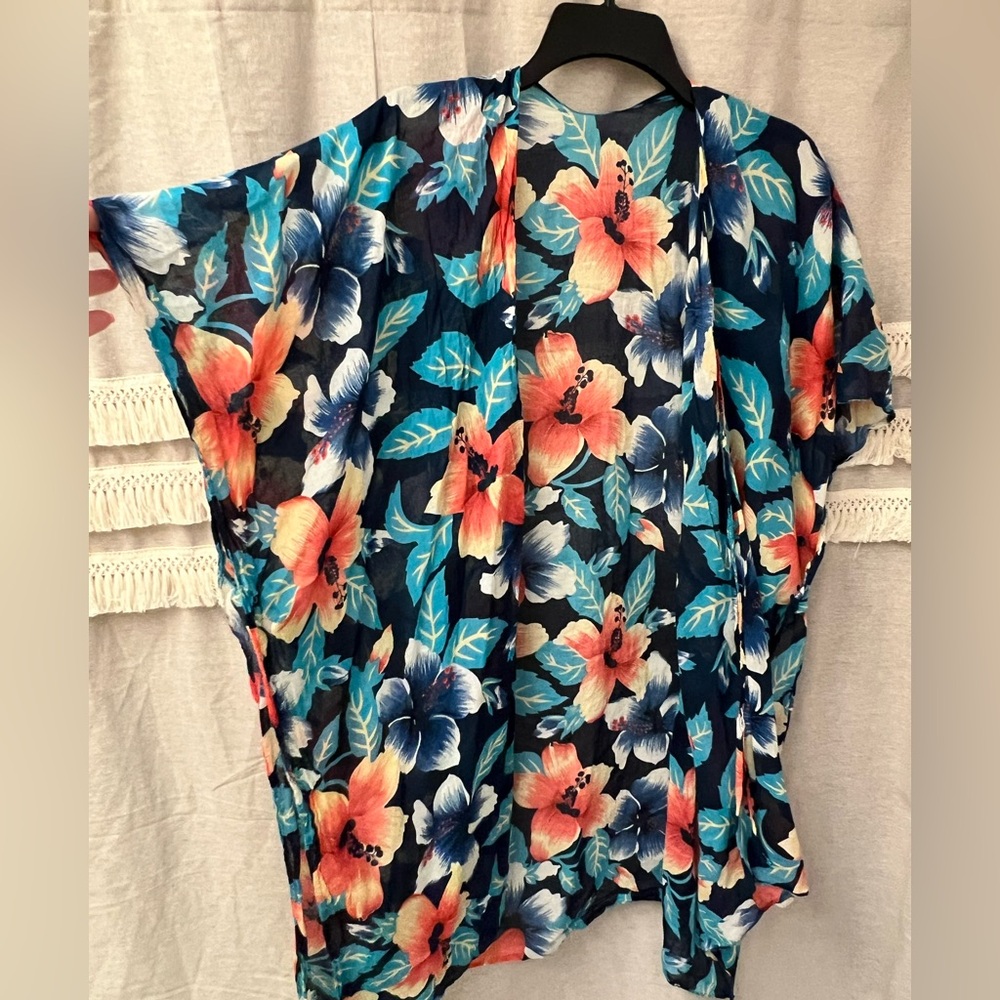 macchia di ruggine ONE SIZE swim cover up kimono tropical floral tassels